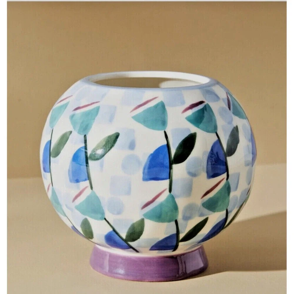 Anthropologie Copen Vase Pot Planter Blue Abstract Modern Floral Blue Green 5